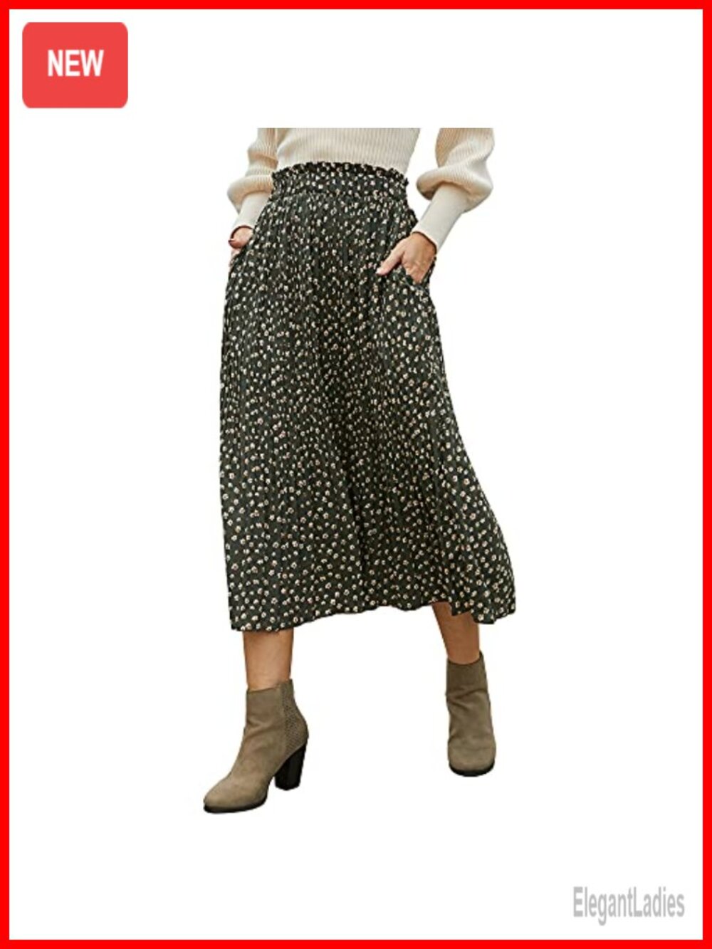 High Waist Pleated Polka Dot A-Line Maxi Skirt with Pockets